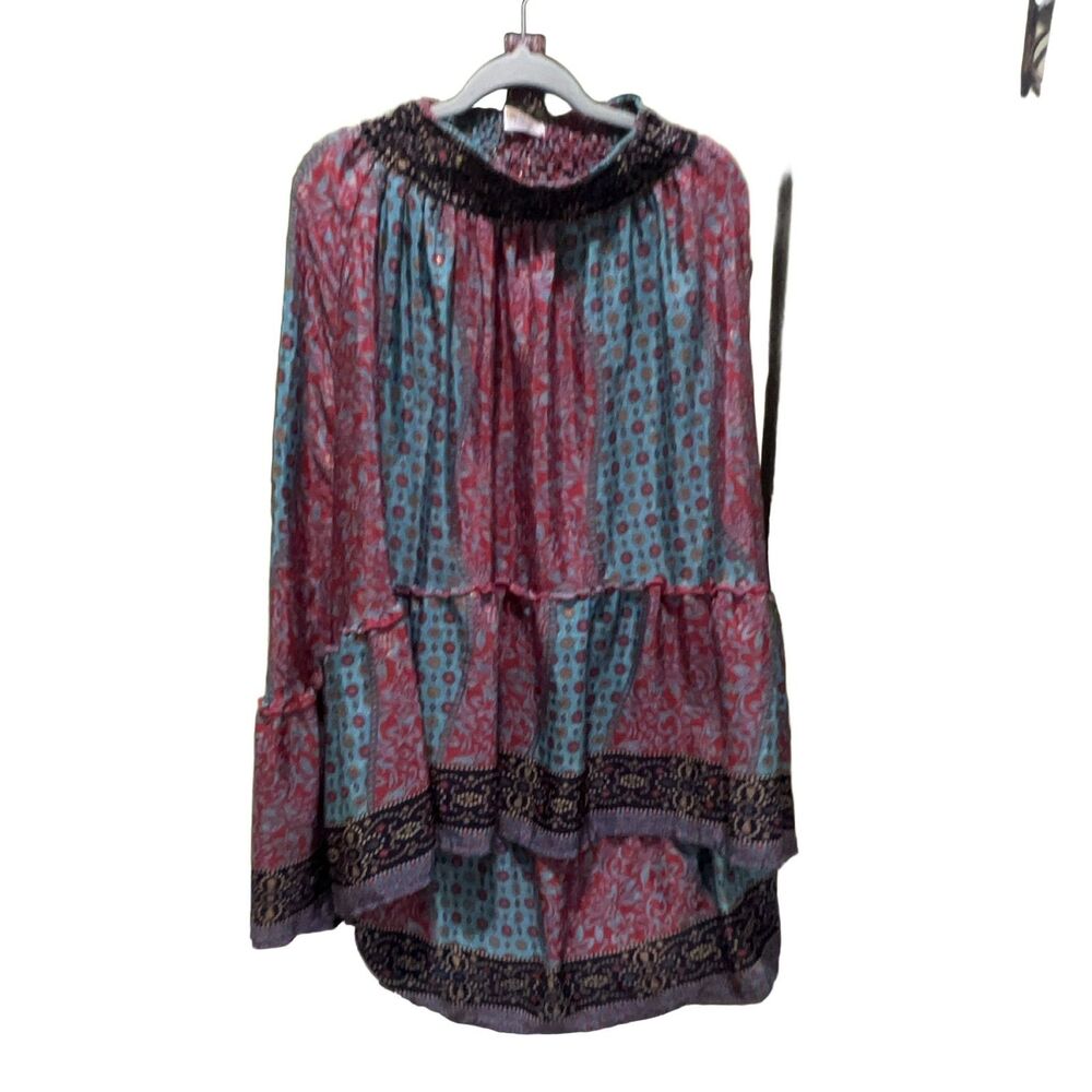 India Boutique Boho Tunic Blouse Red Turquoise Black Elastic Waistband Top